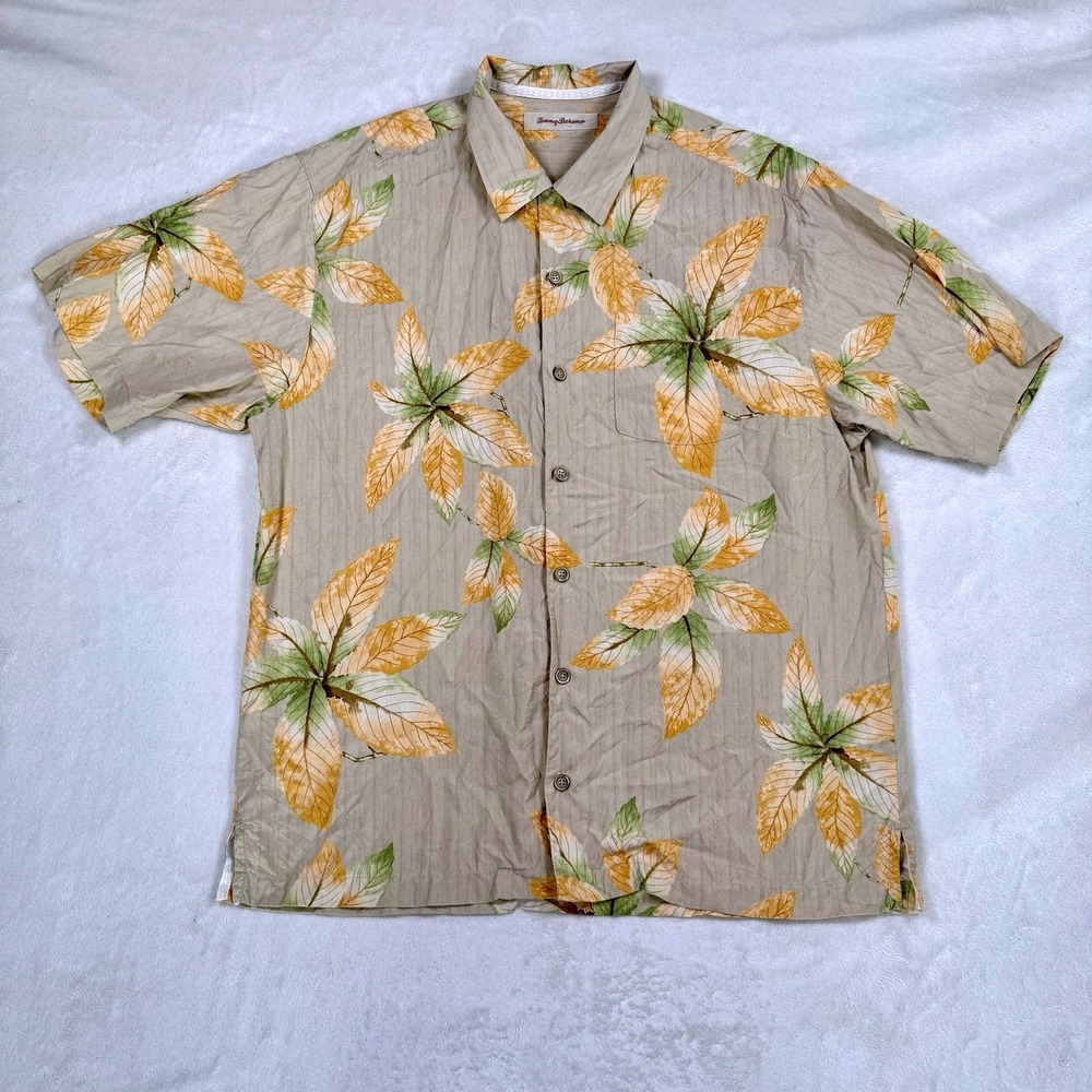 Tommy Bahama 100% Silk Leaf Print Camp Shirt Beige Large